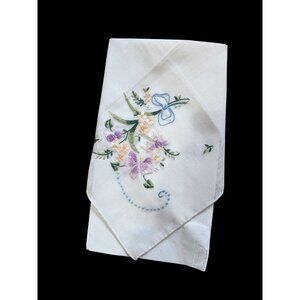 Vintage Floral Embroidered White Handkerchief Cotton Pastel Purple Green